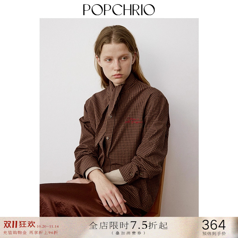 复古领结刺绣格子衬衫