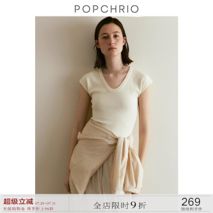 上衣女 POPCHRIO欧可芮 冰感及细纤维小飞短袖 T恤UV领针织衫 修身