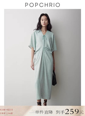 【到手259元】新中式茧型半中袖V领连衣裙宽松中长款国风裙子女夏