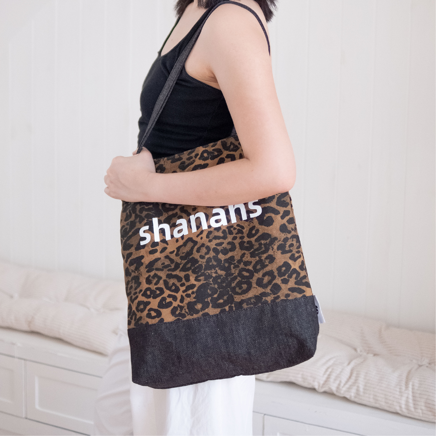 shanahs豹纹帆布包秋冬单肩大容量包包原创设计感通勤上课托特包