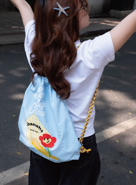 shanahs轻便抽绳双肩包夏日蓝色帆布包女束口袋大容量上课单肩包