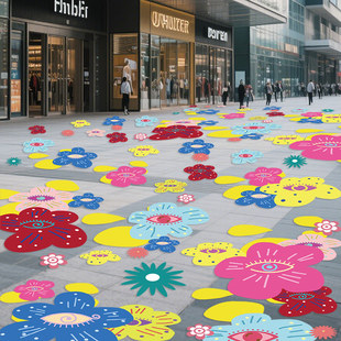 美陈打卡设计春季户外氛商业街景区装饰花朵地贴贴纸花路一路生花