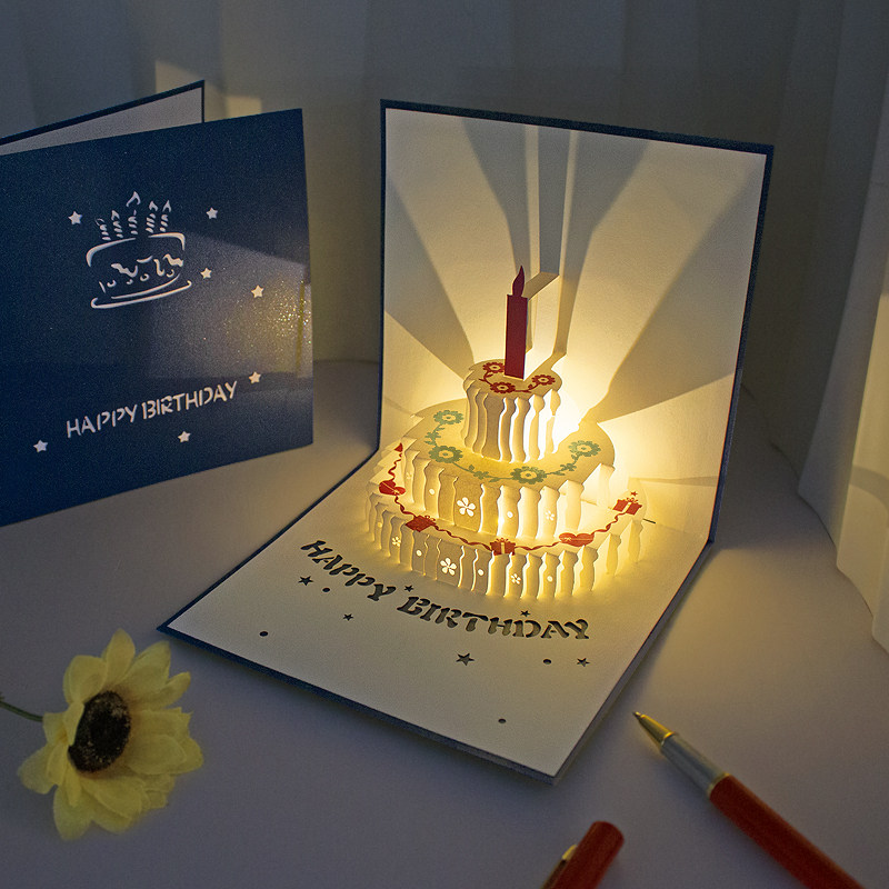 生日蛋糕3d立体贺卡ins高级感可定制折叠祝福卡片音乐灯光送朋友
