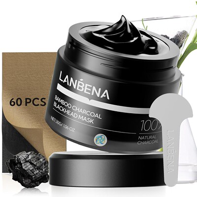 LANBENA 黑头去除剂,竹炭黑头面膜深层清洁去角质面膜和60片鼻条