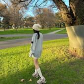 韩国设计师岛冰霜蓝卫衣基础款 陈小圆 高街套头圆领刺绣长袖