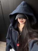 外套 海军透明蓝加绒卫衣连帽拉链开衫 陈小圆 韩国设计师宽松版