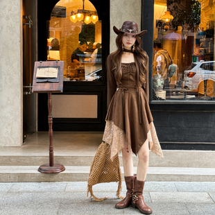 旅游拍照绝美西部牛仔辣妹废土风复古不规则拼接显瘦吊带连衣裙女