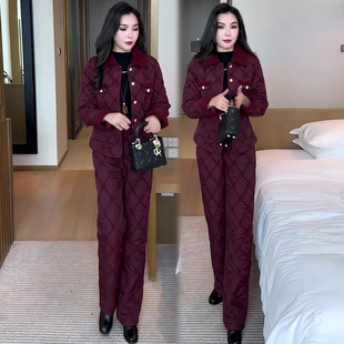 菱格纹棉服两件套装女冬季加厚保暖棉衣棉裤小个子显瘦外套裤子