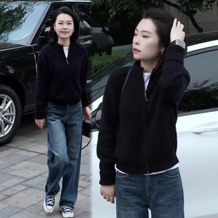 秋冬黑色双拉链针织外套女休闲简约加厚毛衣短款开衫女装上衣显瘦