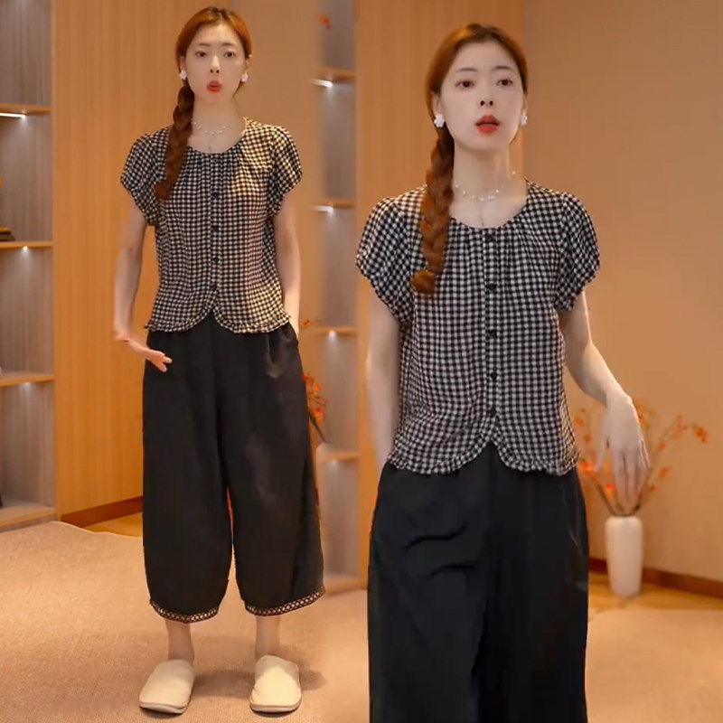 格子短袖上衣女爆款T恤休闲阔腿九分裤两件套遮肉显瘦韩版小个子