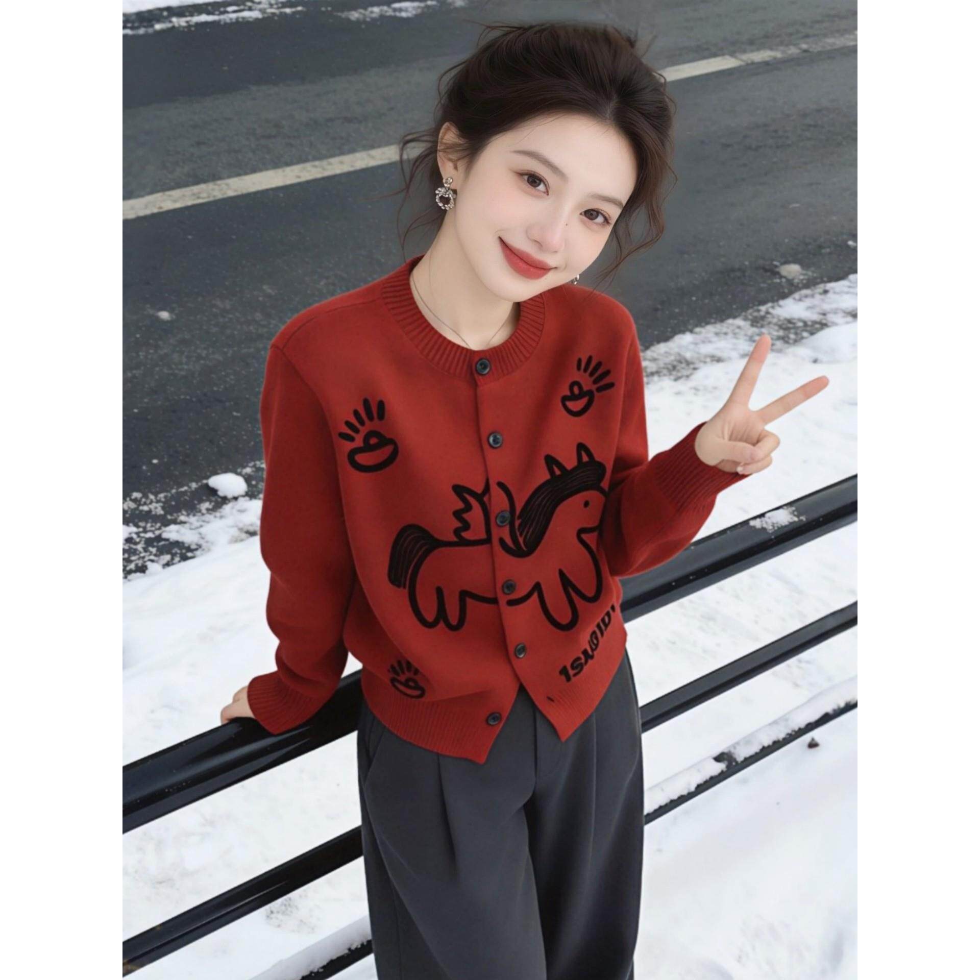 红色针织开衫女装2026新款春季设计感巨好看的内搭毛衣外套上衣服