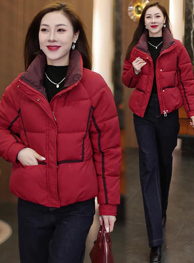 新年战袍红色棉服外套女加厚保暖拼色棉服显瘦百搭小个子妈妈装潮