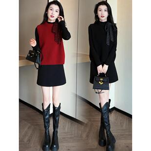 时尚套装裙女秋冬新款洋气宽松针织毛衣马甲打底衫半身裙三件套潮