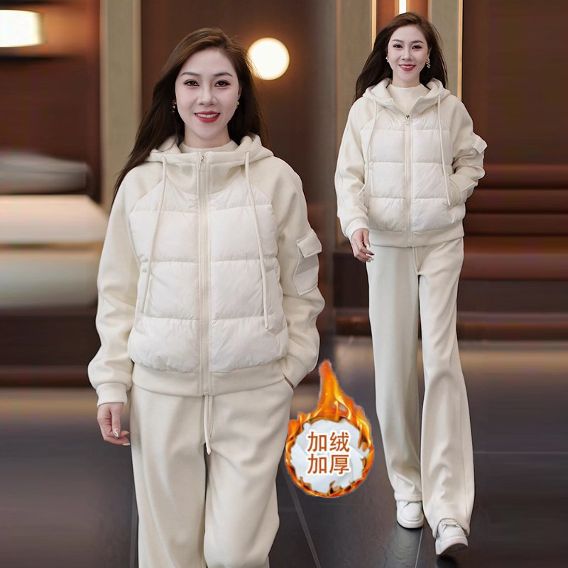 加棉加厚连帽休闲运动女冬季新款时尚棉服外套直筒裤减龄两件套潮