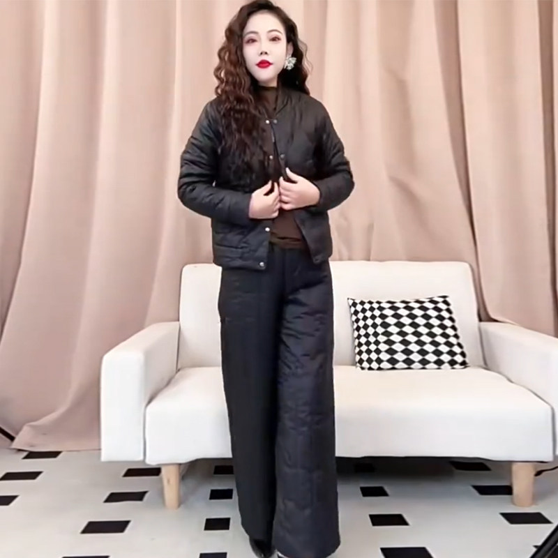 妈妈装棉服套装女冬2025立领新款百搭时尚小个子减龄阔腿裤套装潮