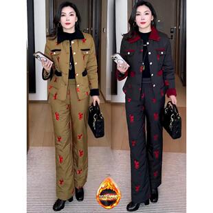 加绒加厚时尚套装女冬季新款洋气小香风棉服外套阔腿裤保暖两件套