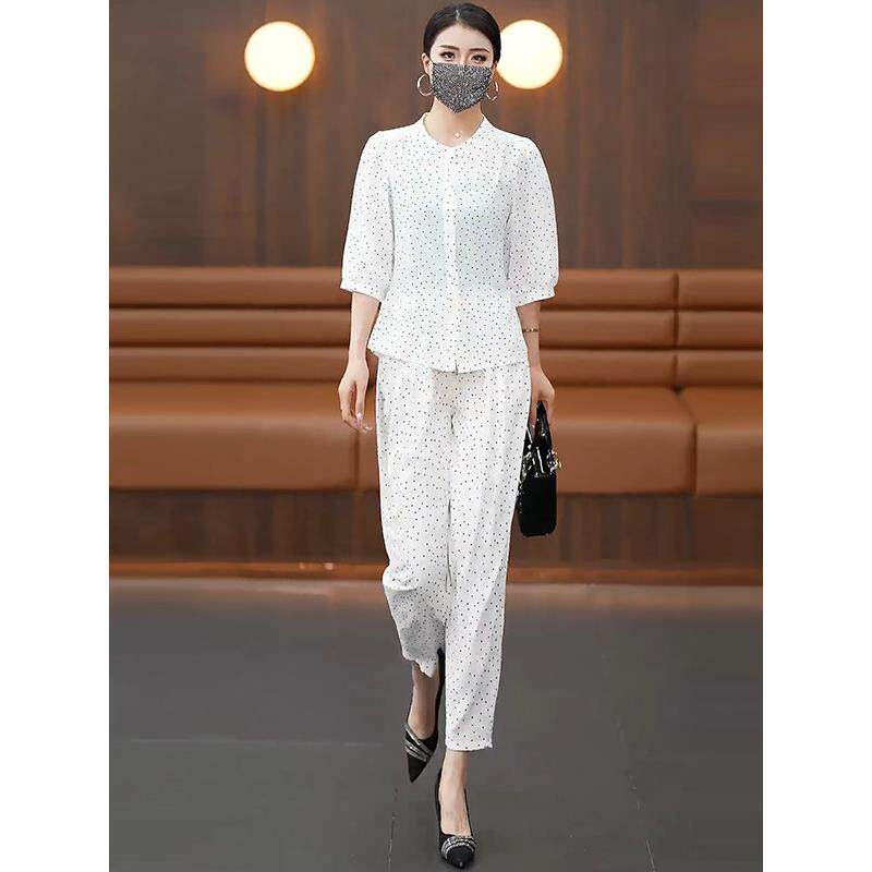 时尚套装女2026春夏季新款宽松显瘦七分袖衬衫气质休闲波点两件套