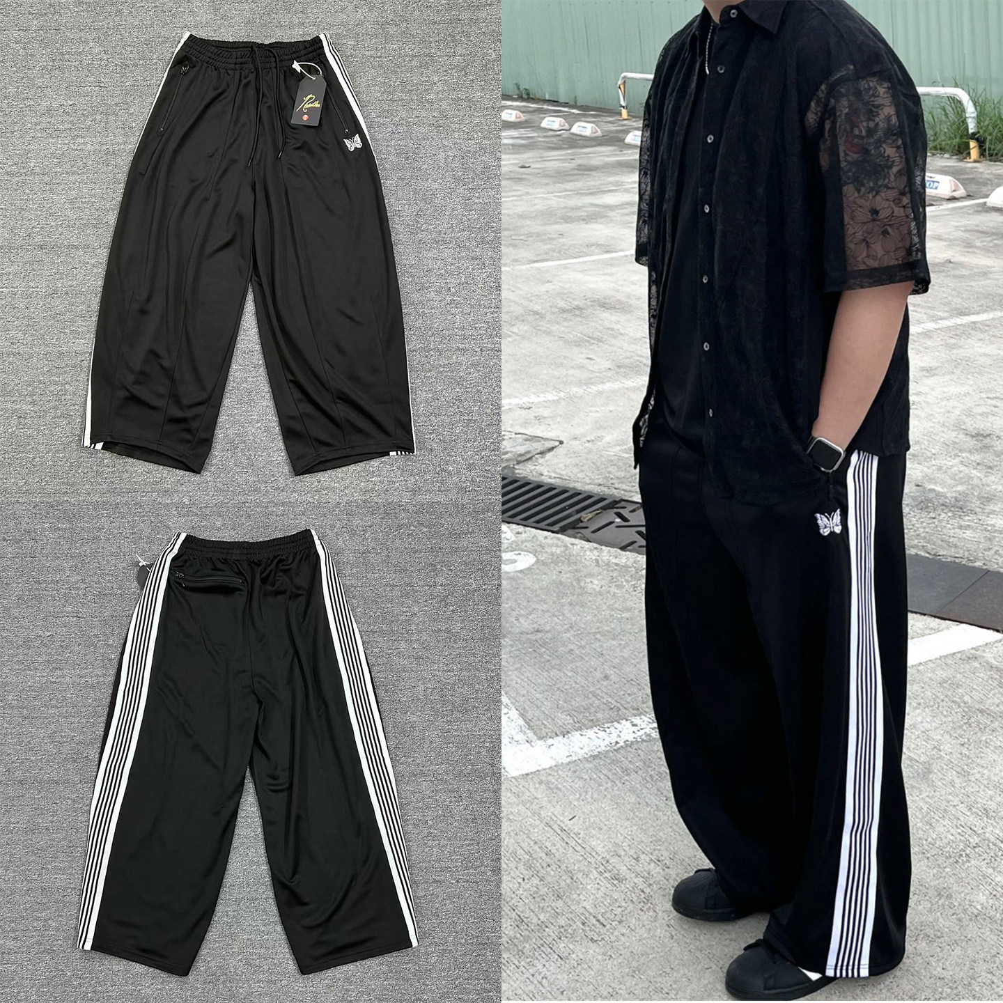 thumbnail for Needles butterfly embroidery European and American os wide version plus size pants for men and women couples solid color sports casual wide leg pants ins