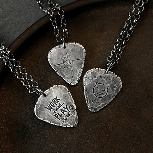 吉他拨片吊坠纯银定制复古战损小众刻字手工情侣项链送男生礼物