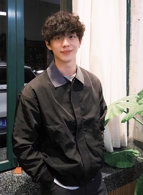 黑色千鸟格拼接短款外套男款秋季美式复古哈灵顿夹克cleanfit上衣