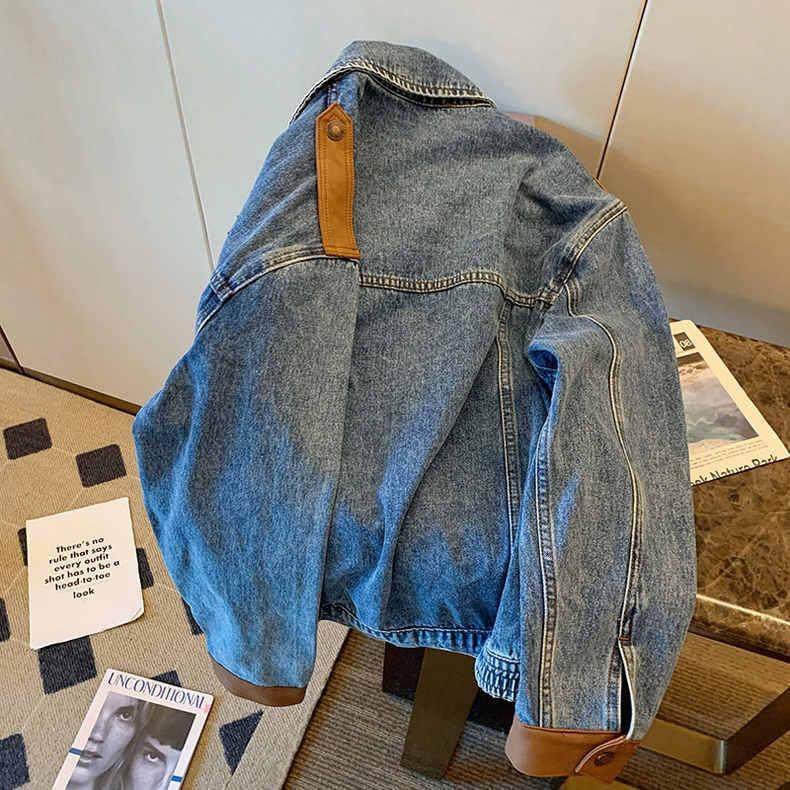 复古港风撞色拼接牛仔外套男秋冬季宽松夹克ins潮牌痞帅休闲上衣