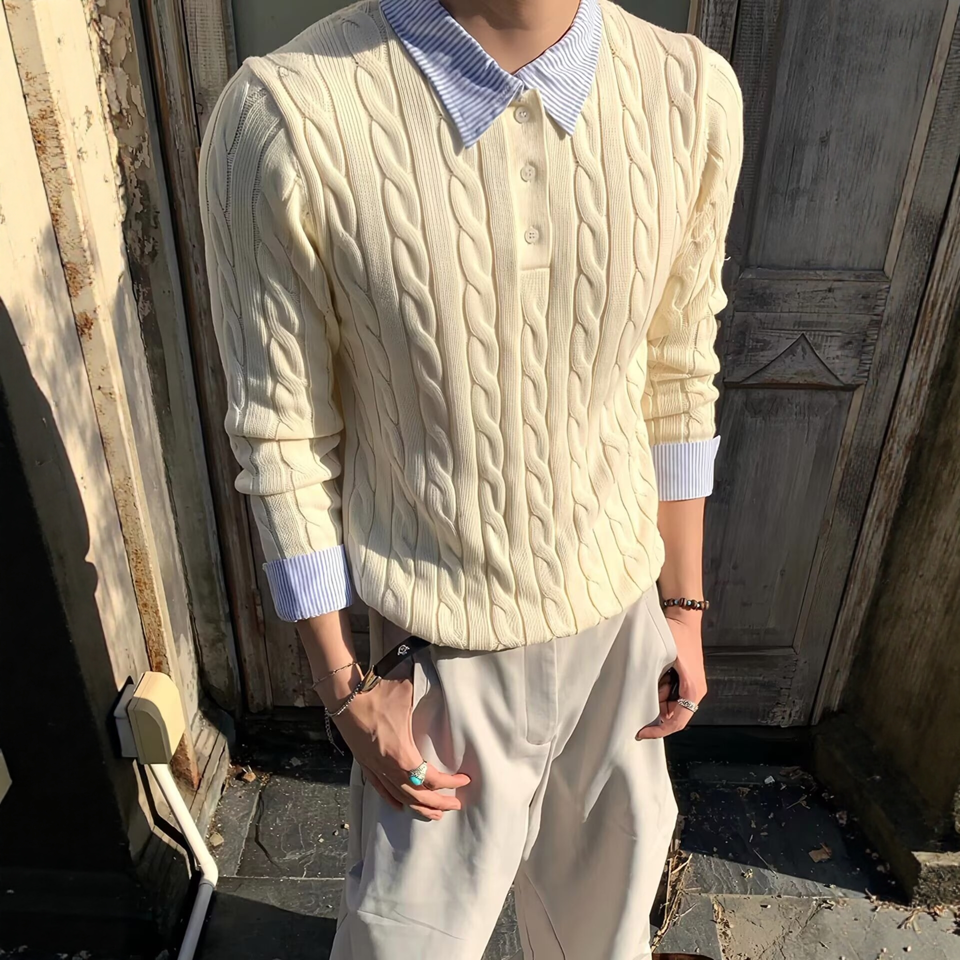 慵懒感美式假两件绞花条纹毛衣