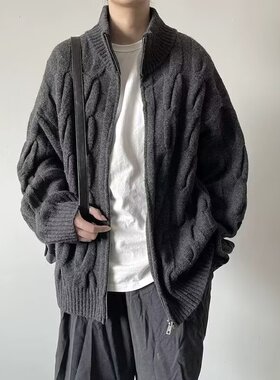 复古美式蓝色麻花拉链开衫毛衣男女情侣宽松休闲慵懒针织衫外套男