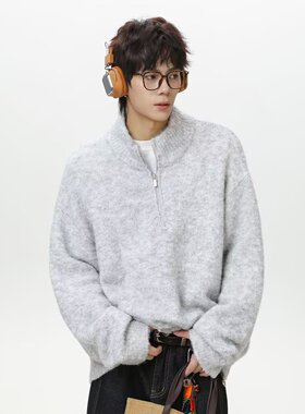 半高领毛衣男秋冬潮牌慵懒风针织衫宽松男装半拉链灰色运动毛线衣