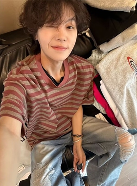 美式复古红色条纹t恤男夏季潮牌纯棉重磅情侣短袖宽松圆领半截袖