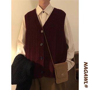 复古日系港风酒红色针织开衫马甲男ins毛衣v领背心外套春秋季痞帅