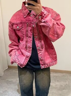 韩国小众水洗做旧拉链装饰牛仔外套男复古宽松休闲红色短款夹克潮