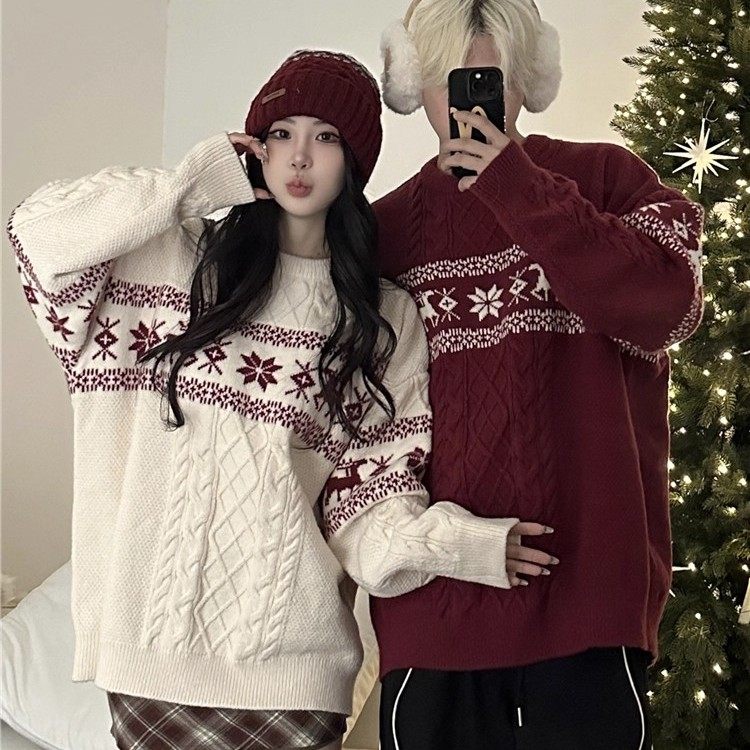 软糯费尔岛红色提花情侣装毛衣2025新款美式复古甜美风针织衫外套