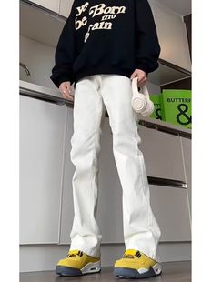 马吉拉白色牛仔裤男款直筒修身高级感裤子美式高街ootd穿搭微喇裤