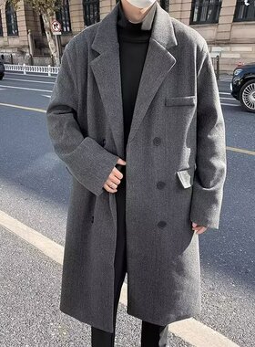 黑色重磅毛呢长款大衣男冬季cleanfit韩版风衣痞帅西装领廓形外套