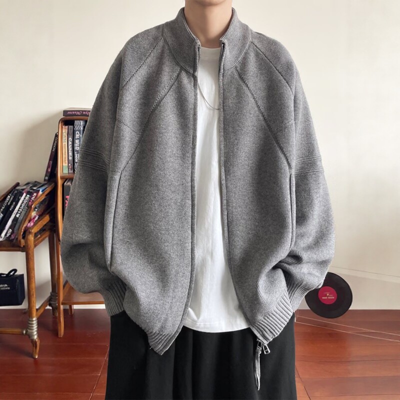 拉链立领针织开衫毛衣外套男