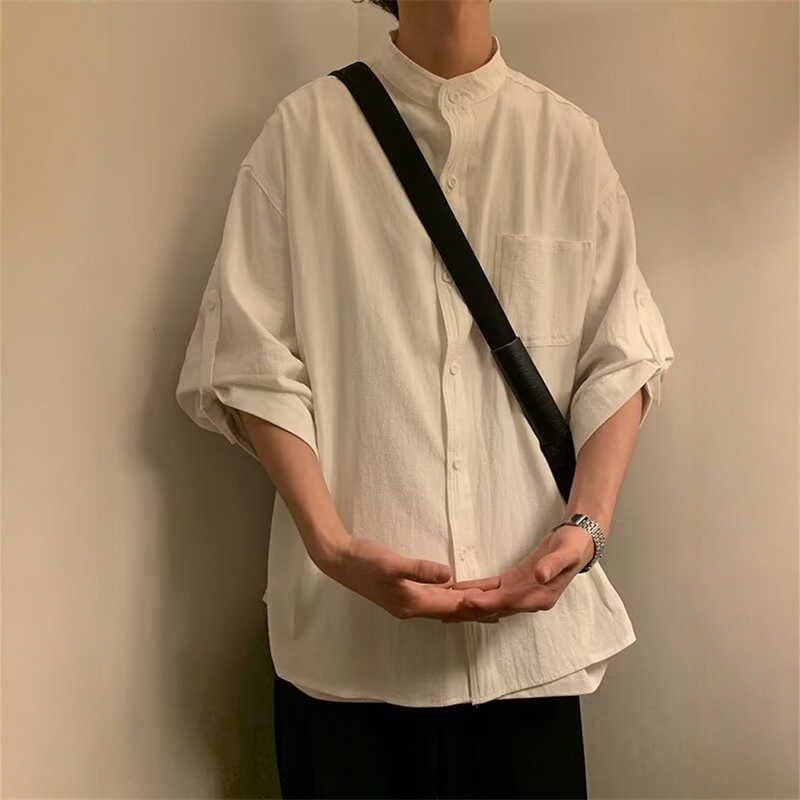 新中式无领棉麻衬衫男短袖夏季