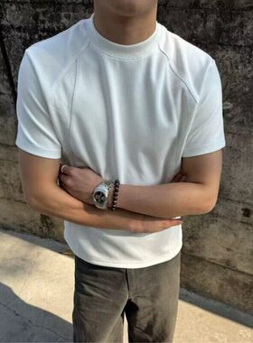 白色小领口正肩短袖男款夏季美式太空棉拼接半袖boxy重磅硬挺t恤