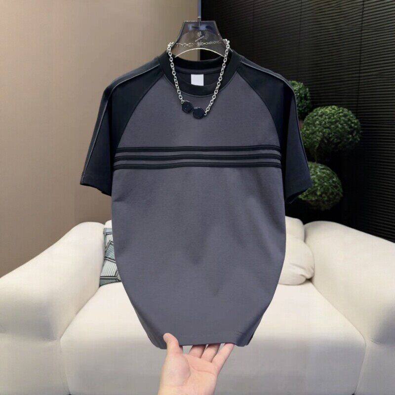 夏季新款简约拼接条纹圆领短袖男高级感宽松百搭时尚休闲半袖T恤