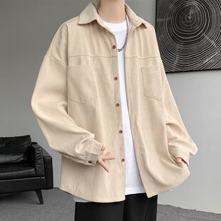 藏蓝色日系复古灯芯绒衬衫男款长袖高级感翻领衬衣春秋季大码外套