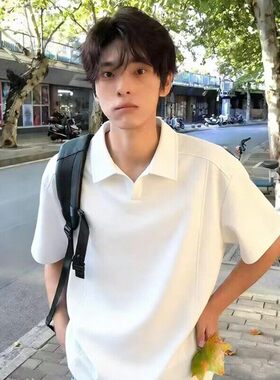 黑色正肩短袖Polo衫男款夏季重磅拼接V领t恤高级感痞帅修身半截袖