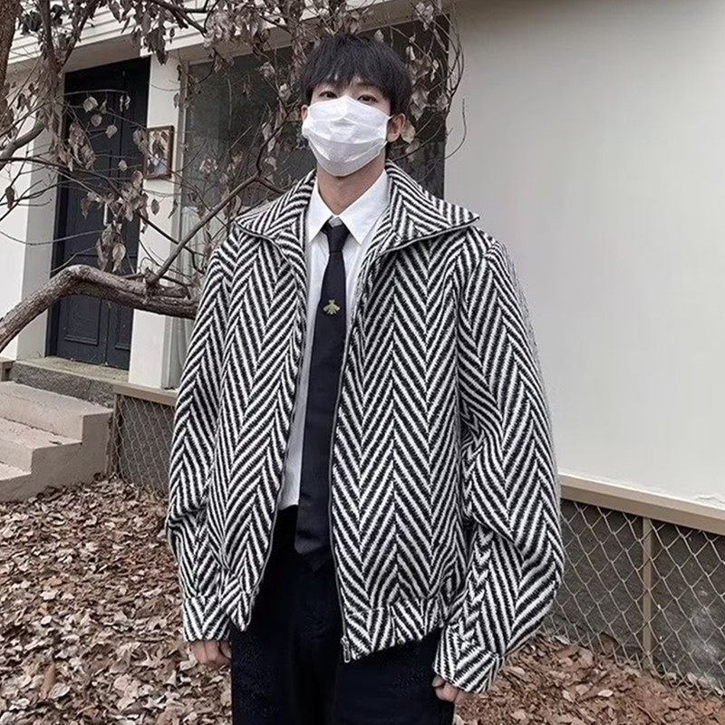 复古斑马纹毛呢外套男潮高级感