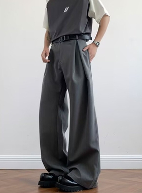 cleanfit灰色廓形弯刀西裤垂感立体工字褶设计感裤子显瘦休闲裤男