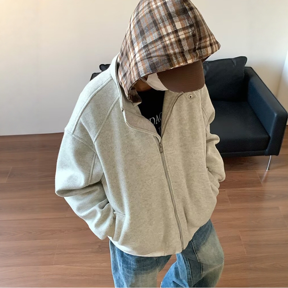 美式假两件格子连帽棉衣男款潮流