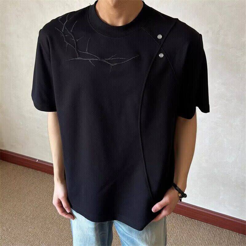 铆钉刺绣正肩短袖男款夏季美式高街痞帅高级感t恤boxy重磅半截袖