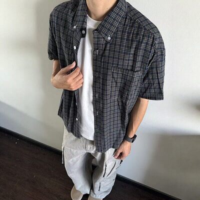 cleanfit红色格子短袖衬衫男夏季