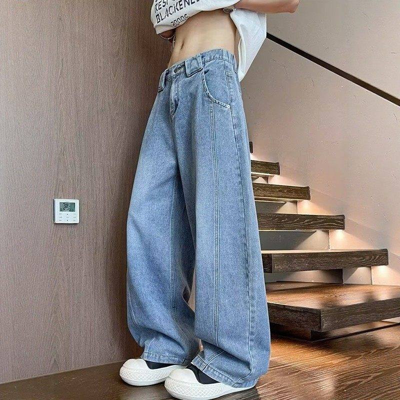 复古蓝弯刀牛仔裤男款秋季美式拼接高个子加长裤子宽松微喇直筒裤