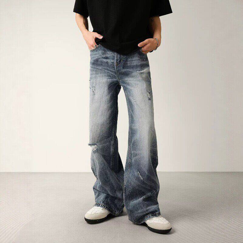 水洗蓝色美式ins潮流百搭破洞微喇牛仔裤男夏季新款长裤休闲裤子