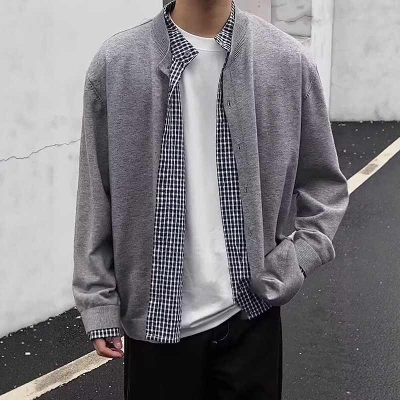 假两件衬衫格子拼接针织开衫毛衣男秋季韩系穿搭复古休闲上衣外套