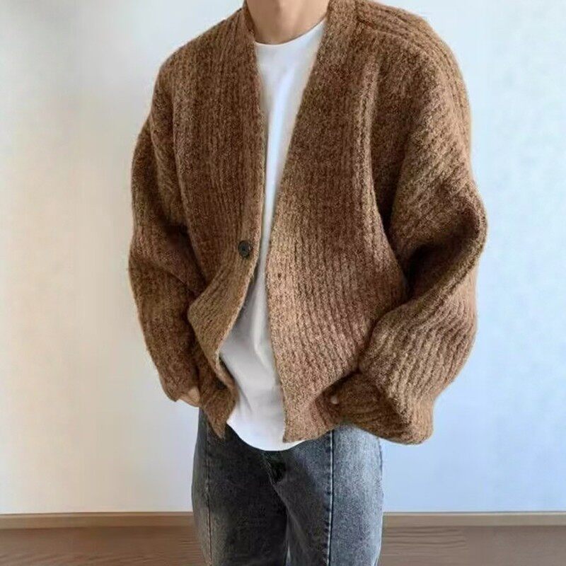 咖色短宽开衫毛衣男款秋冬季美拉德穿搭慵懒风针织衫美式复古外套