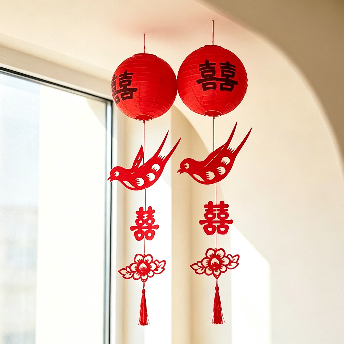 中式婚房蝴蝶喜字灯笼串墙挂